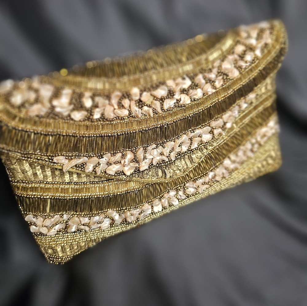 Sfera Femme Gold Beaded Clutch With Stone Accents - Picture 4 of 11